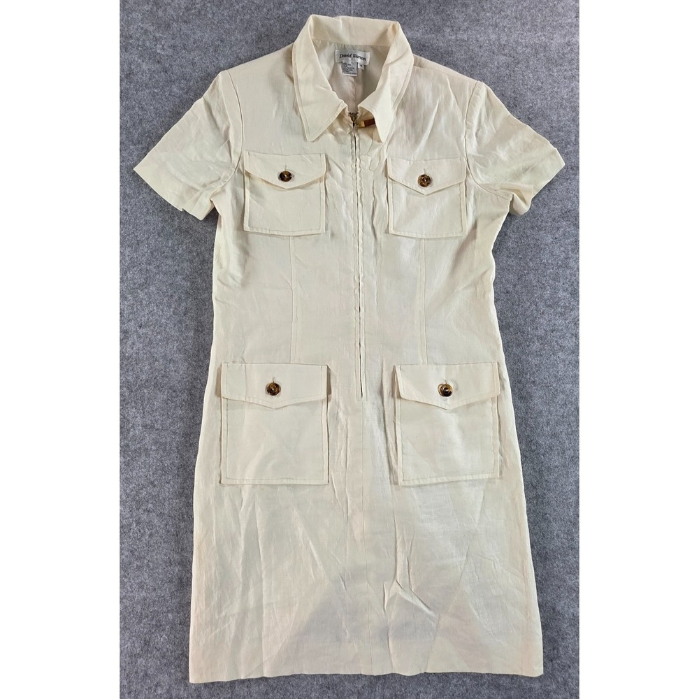 Vintage David Warren New York Safari Utility Mini Dress Beige Cargo 100% Linen